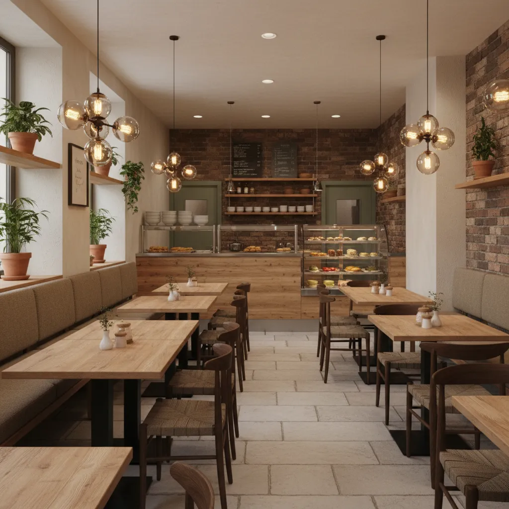 Small cozy soup cafe interior with wood tables and warm lighting