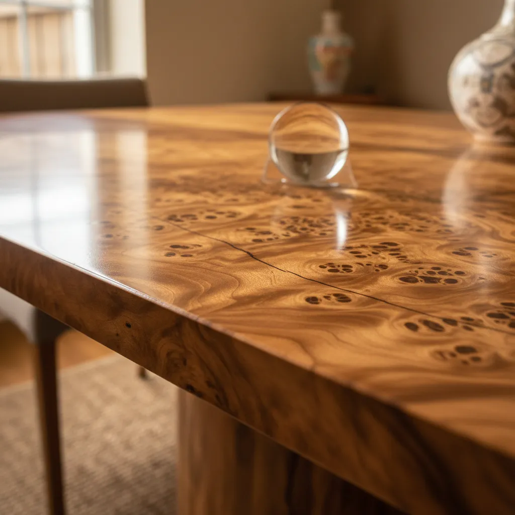 small hairline crack visible in burl wood table surface