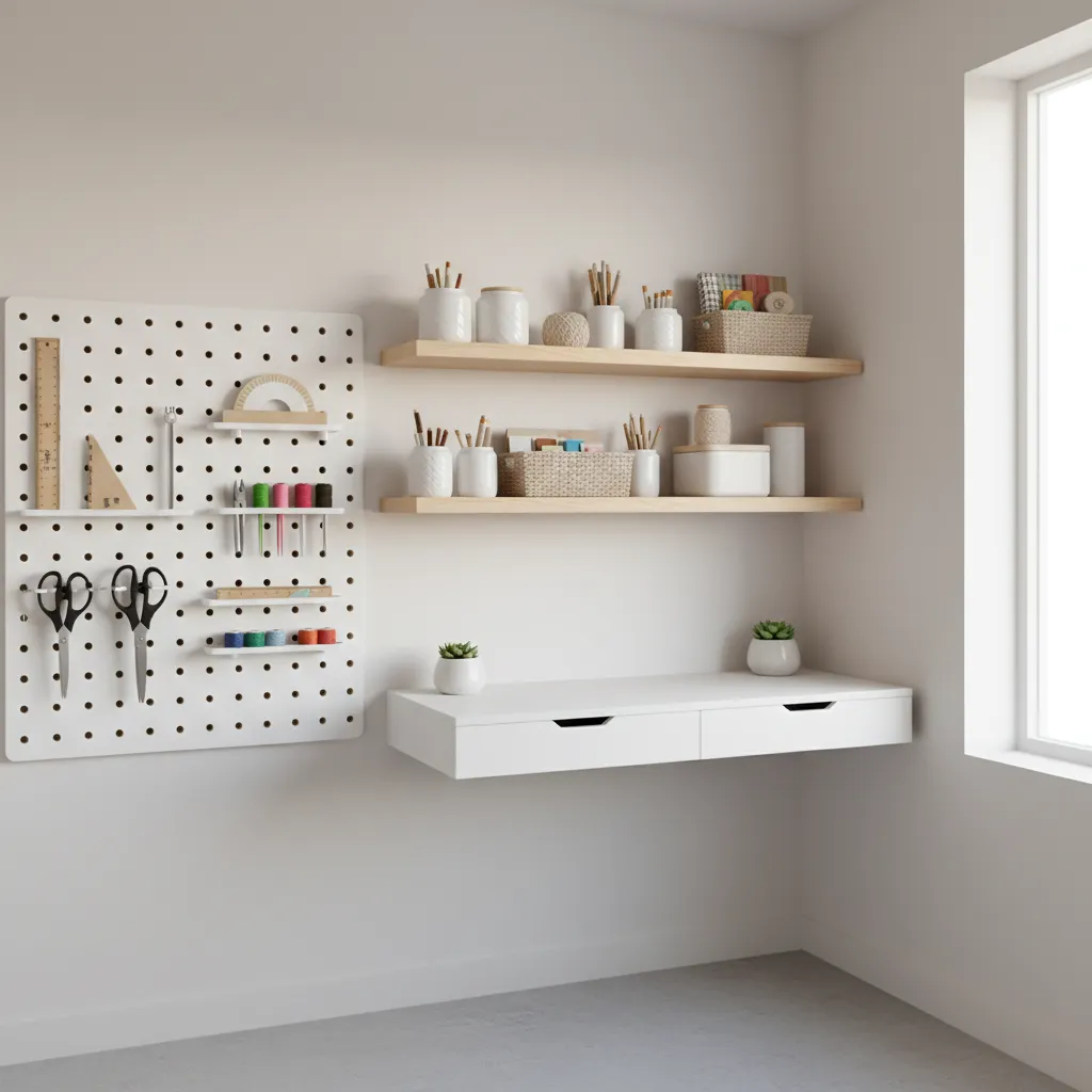 small craft room with wall desk and organized shelves