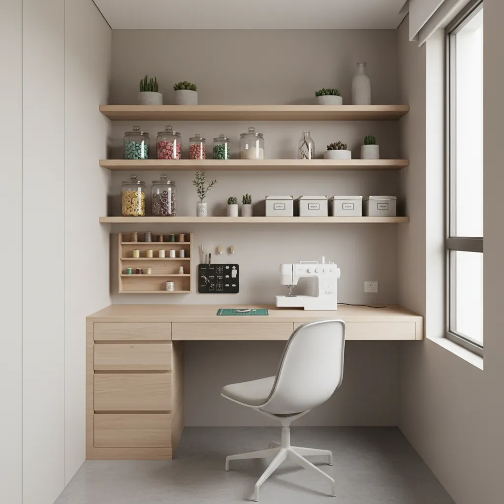 compact craft workspace with organized shelves and desk