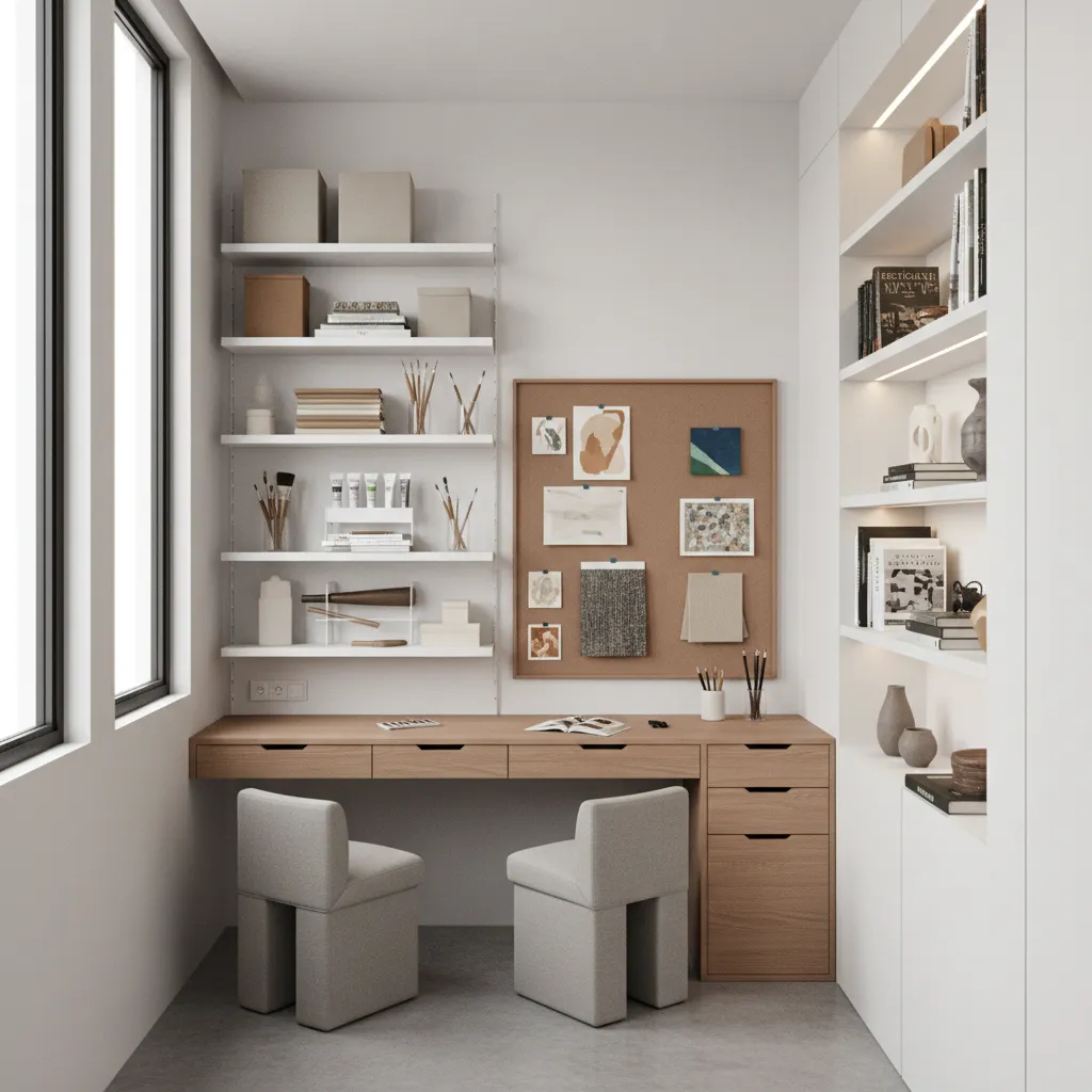 small creative studio optimized with smart storage and desk layout