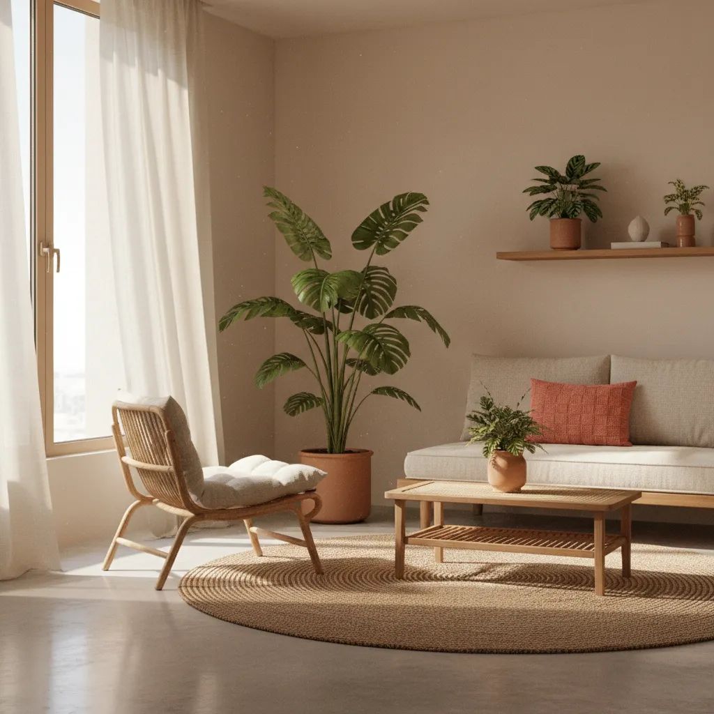 Small apartment living room styled with modern Cuban interior elements and natural textures