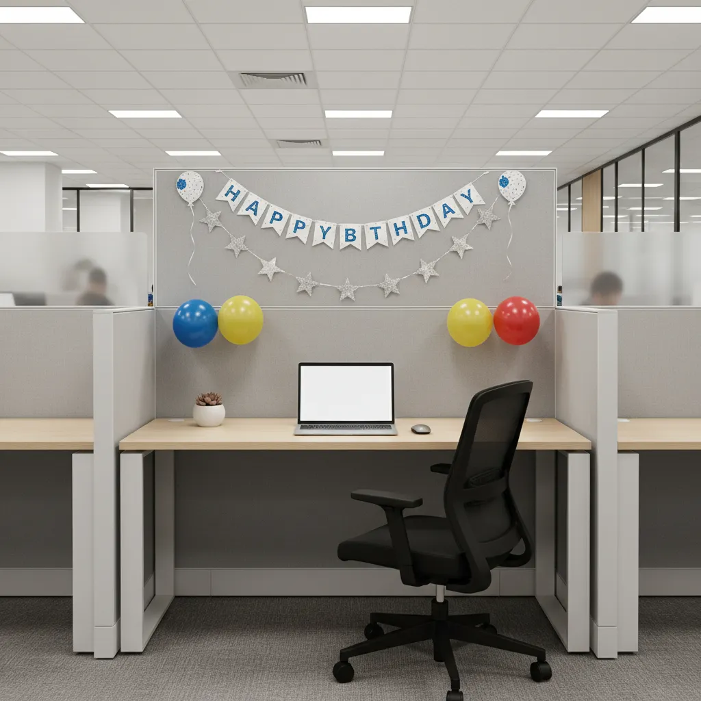small office cubicle wall decorated with birthday banner and balloons