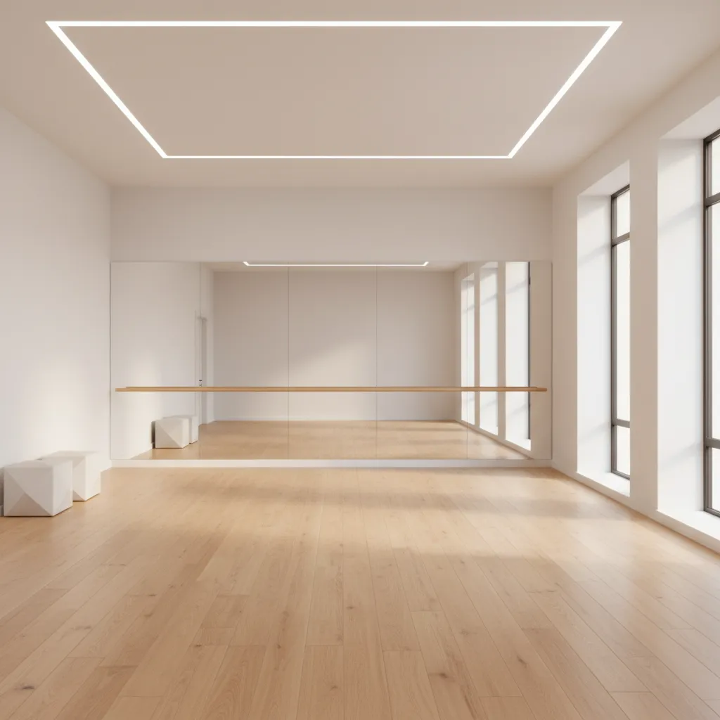 Small dance room with full mirror wall and open practice floor