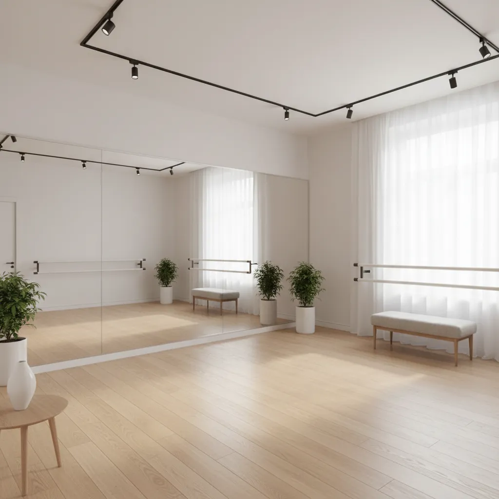 Small dance room with full wall mirror and open practice area