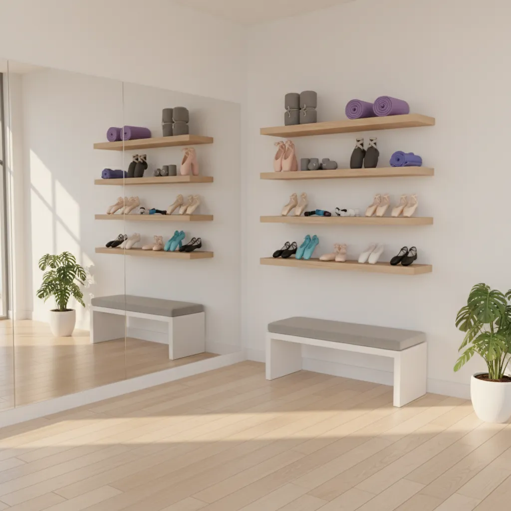 Small dance room with vertical shelves storing dance shoes and gear