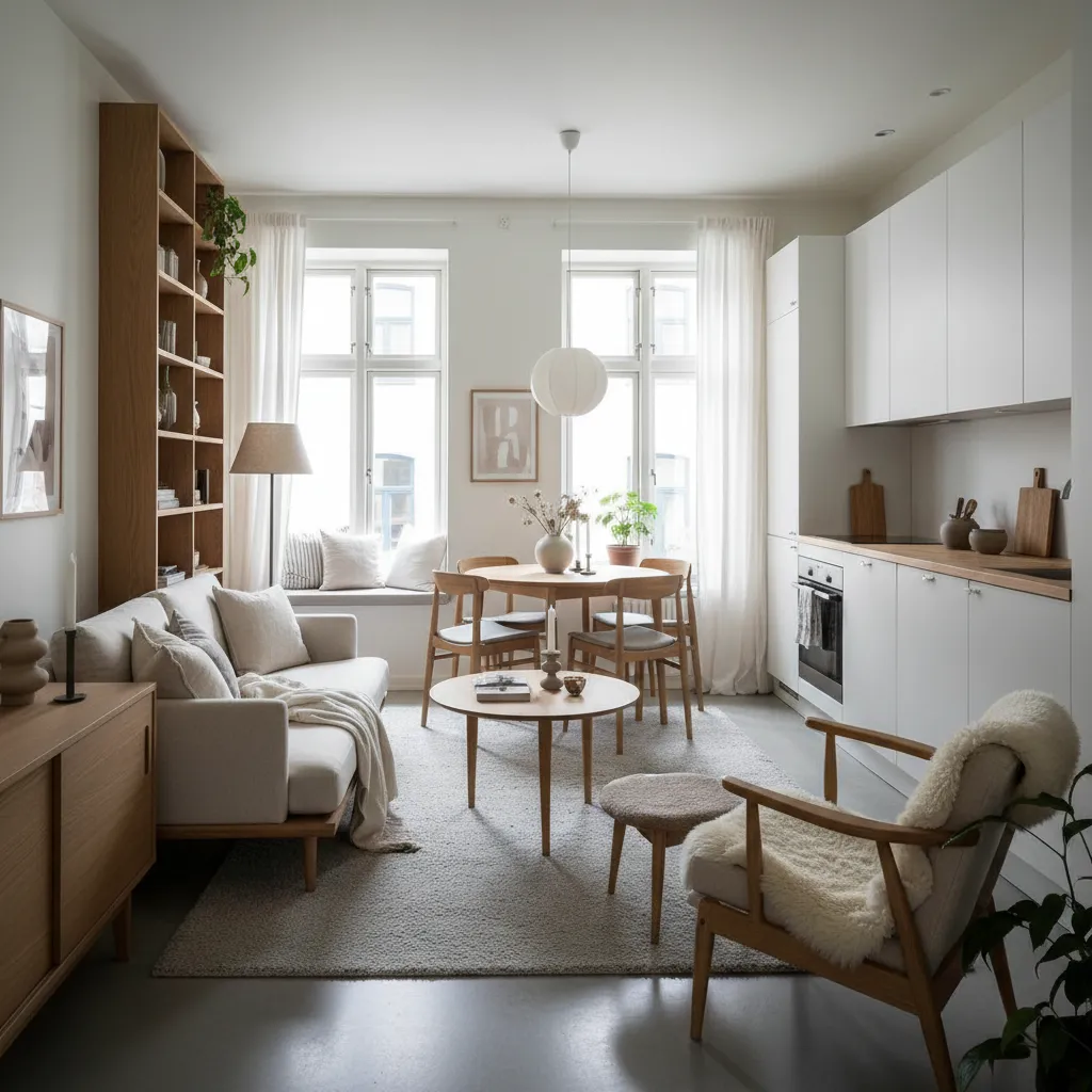 Small open plan living room with white kitchen cabinets wooden dining table cream sofa and windows