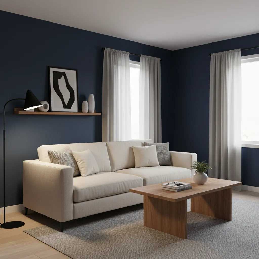 Compact living room with deep navy walls and minimalist furniture