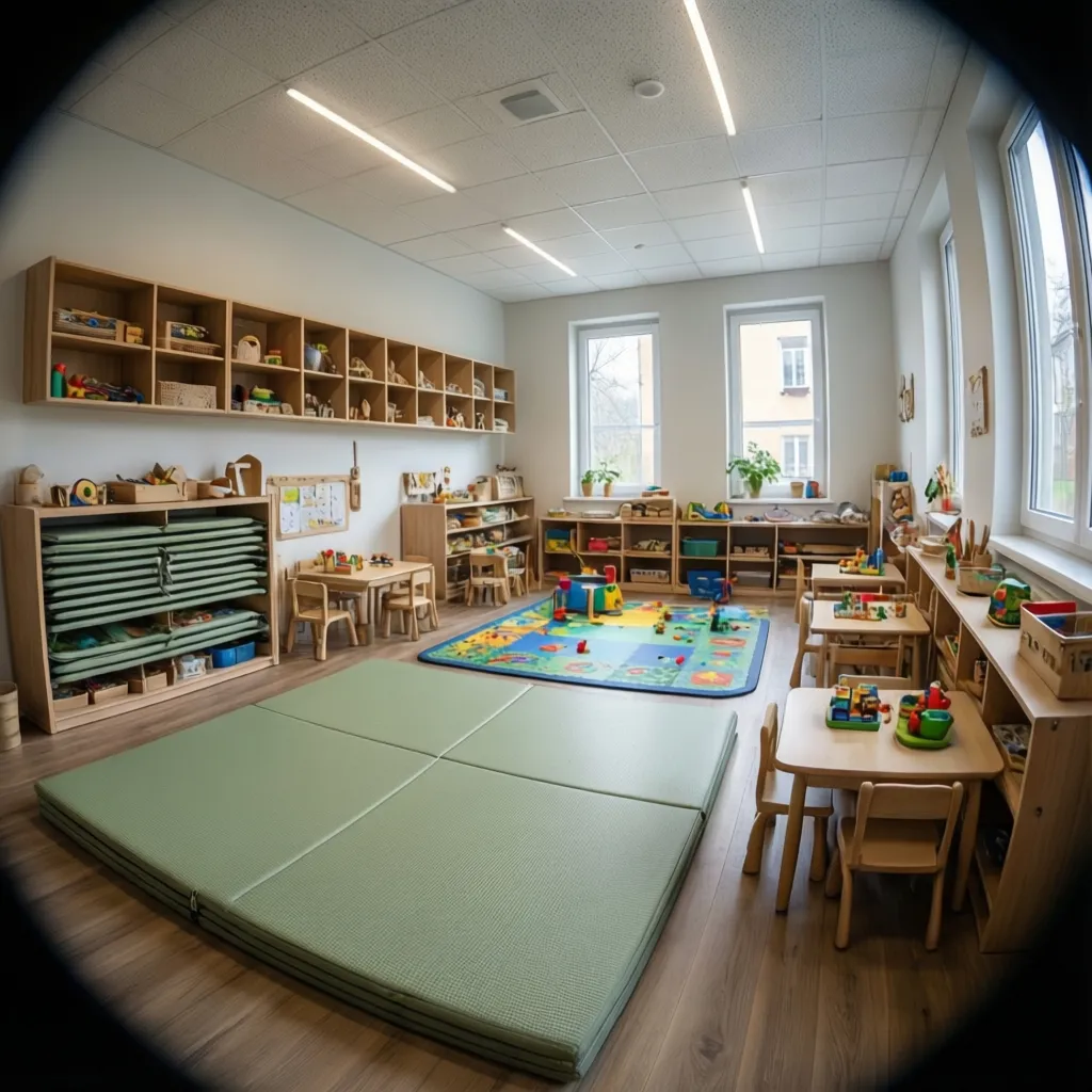 compact daycare classroom layout using flexible furniture and wall storage