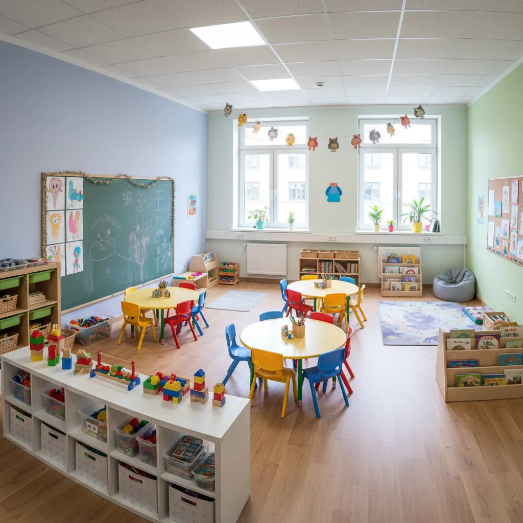 overview of compact daycare classroom layout with learning zones