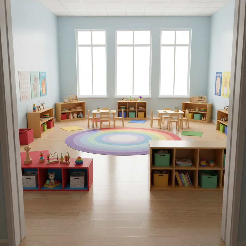 Small daycare classroom interior with colorful furniture and organized play areas
