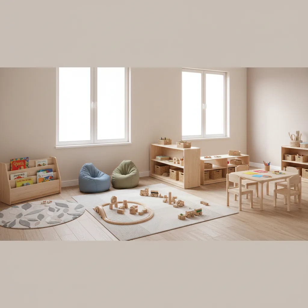 small daycare classroom with clearly defined play learning and reading zones