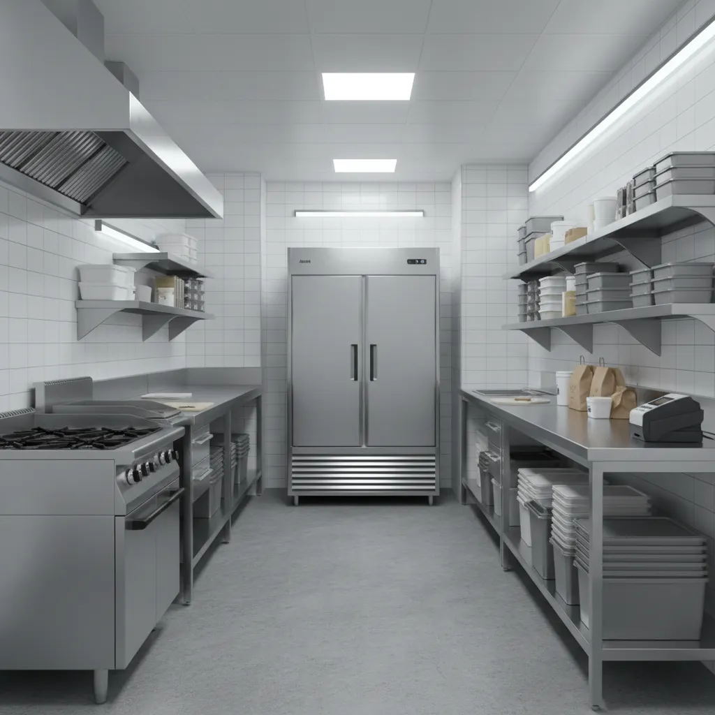 minimal equipment setup in small cloud kitchen for delivery food