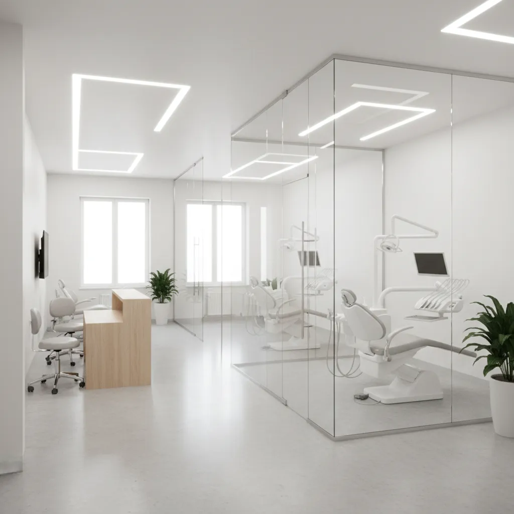 Diseño de clínica dental pequeña con paredes de vidrio y estilo moderno