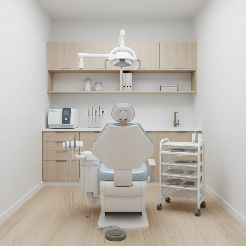 compact dental operatory layout with efficient storage and equipment