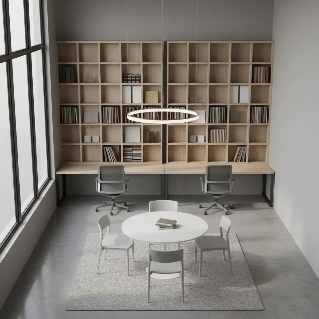 small interior design studio layout with workstation shelving and compact meeting table