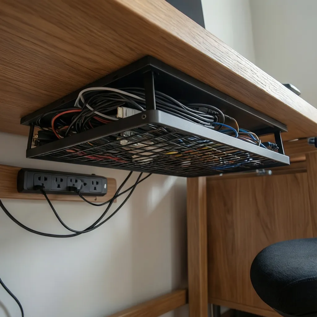 organized cable management under small wooden desk
