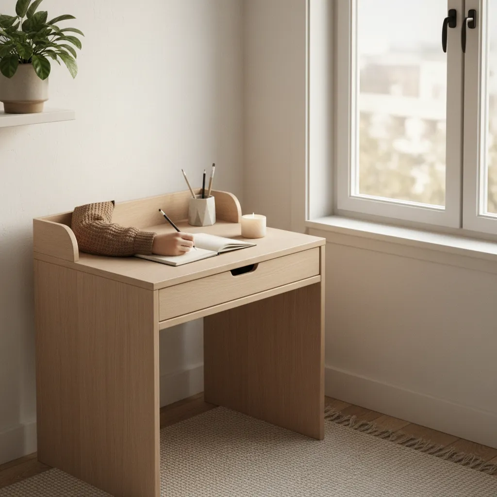 Artist drawing at a compact desk with minimal tools