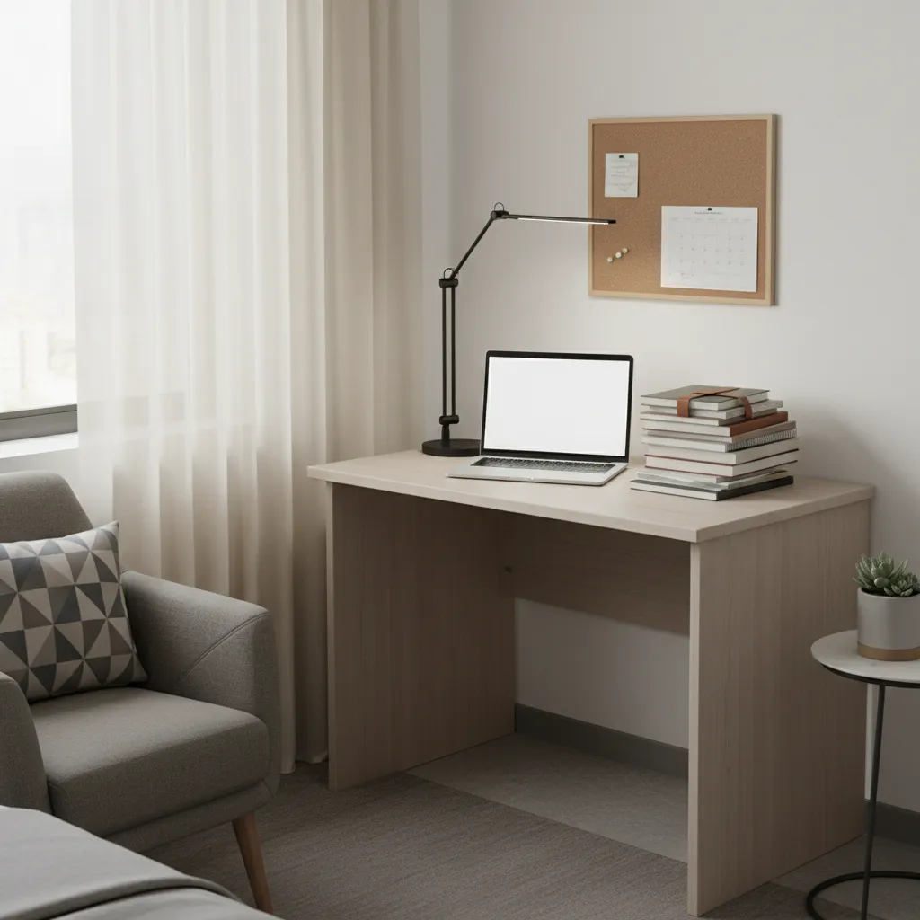 small desk setup with laptop books and compact LED study lamp