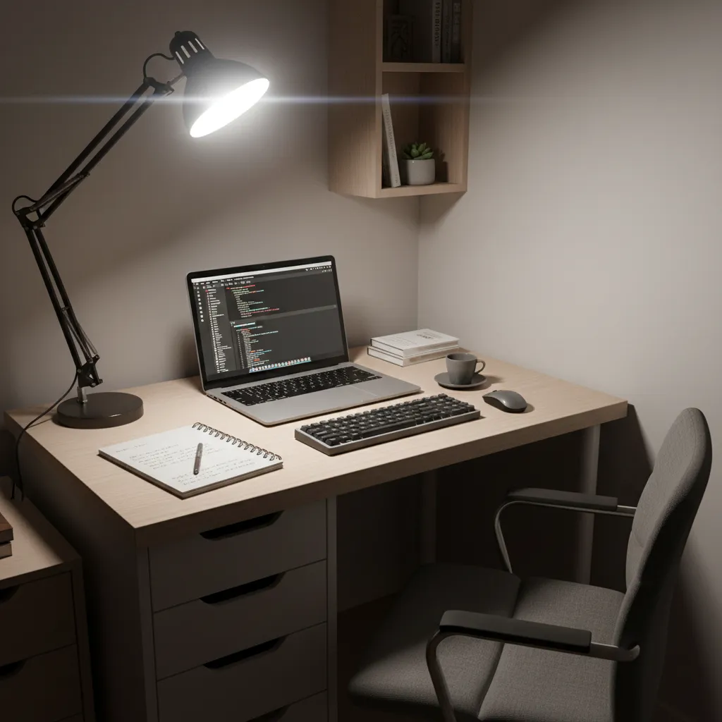 Small desk with poorly positioned desk lamp causing glare and shadows