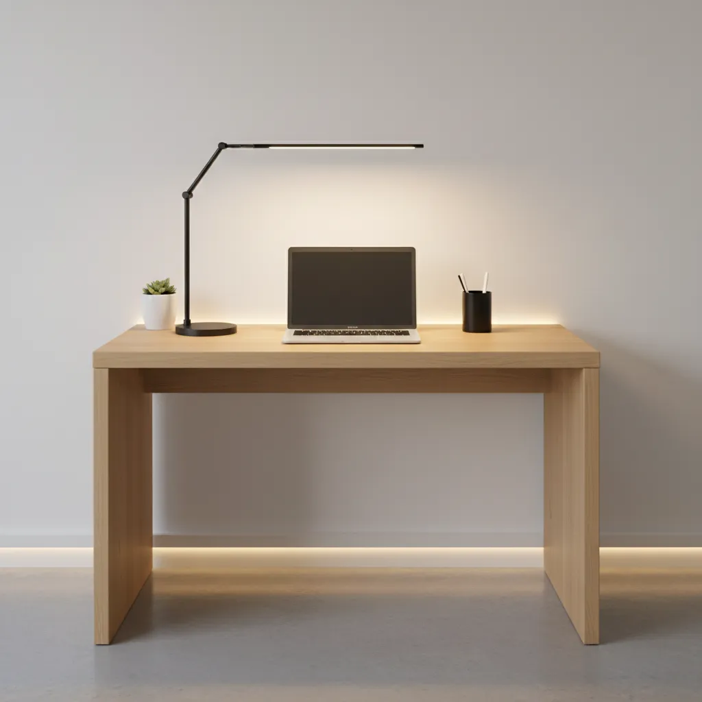 Compact desk workspace with focused task lamp lighting the work area