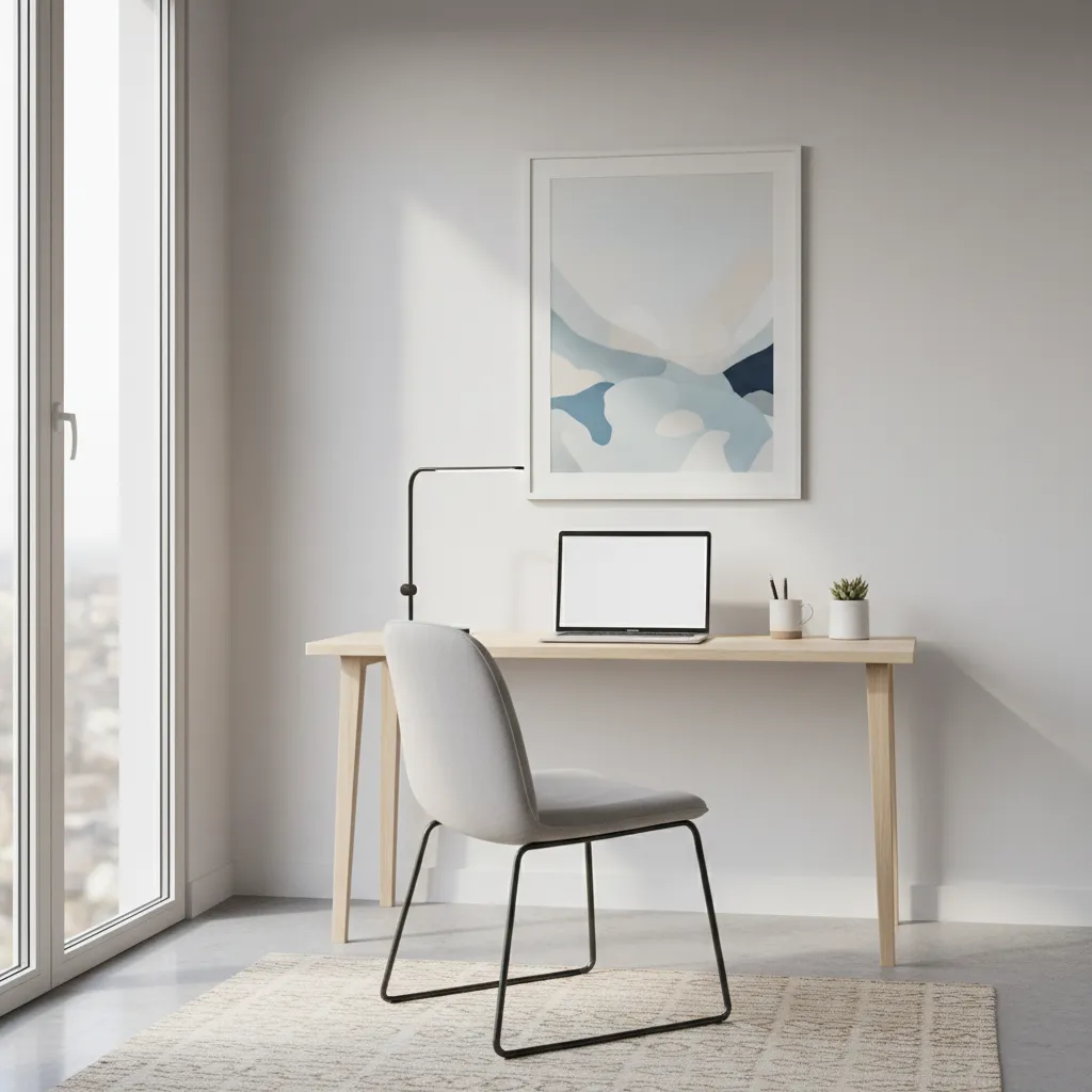 Small home office desk with compact desk lamp lighting a laptop workspace