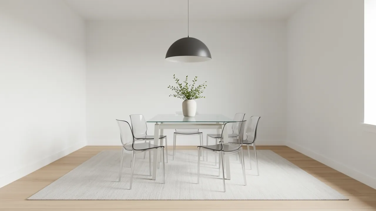 Styled small dining area with glass dining table and pendant light