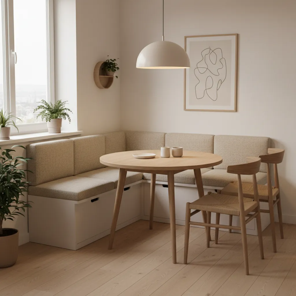 small dining nook with bench seating and compact table