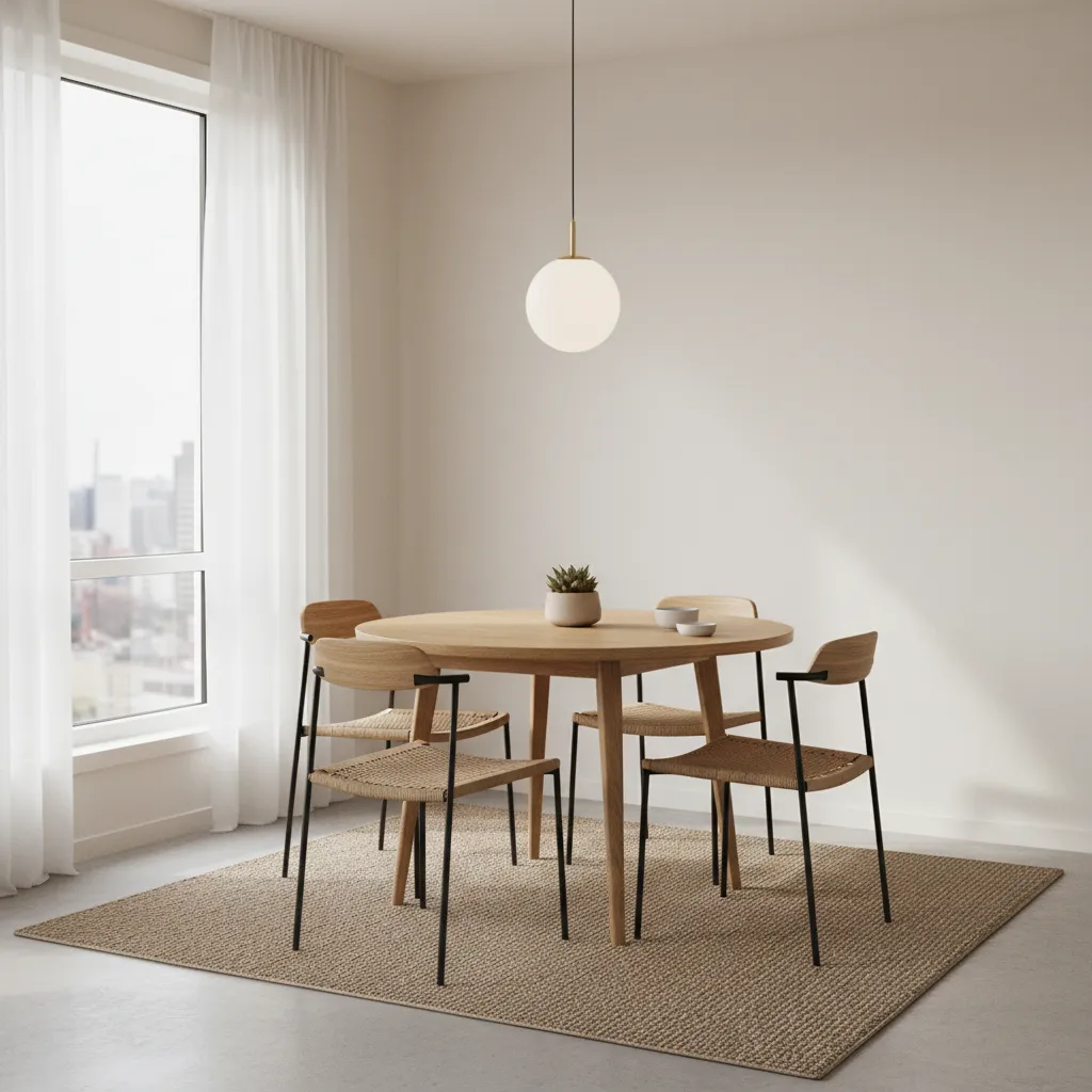 Small round dining table with four lightweight chairs in a compact apartment dining area