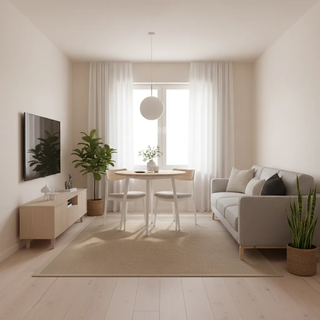 Compact dining table and small sofa arranged in a shared living space