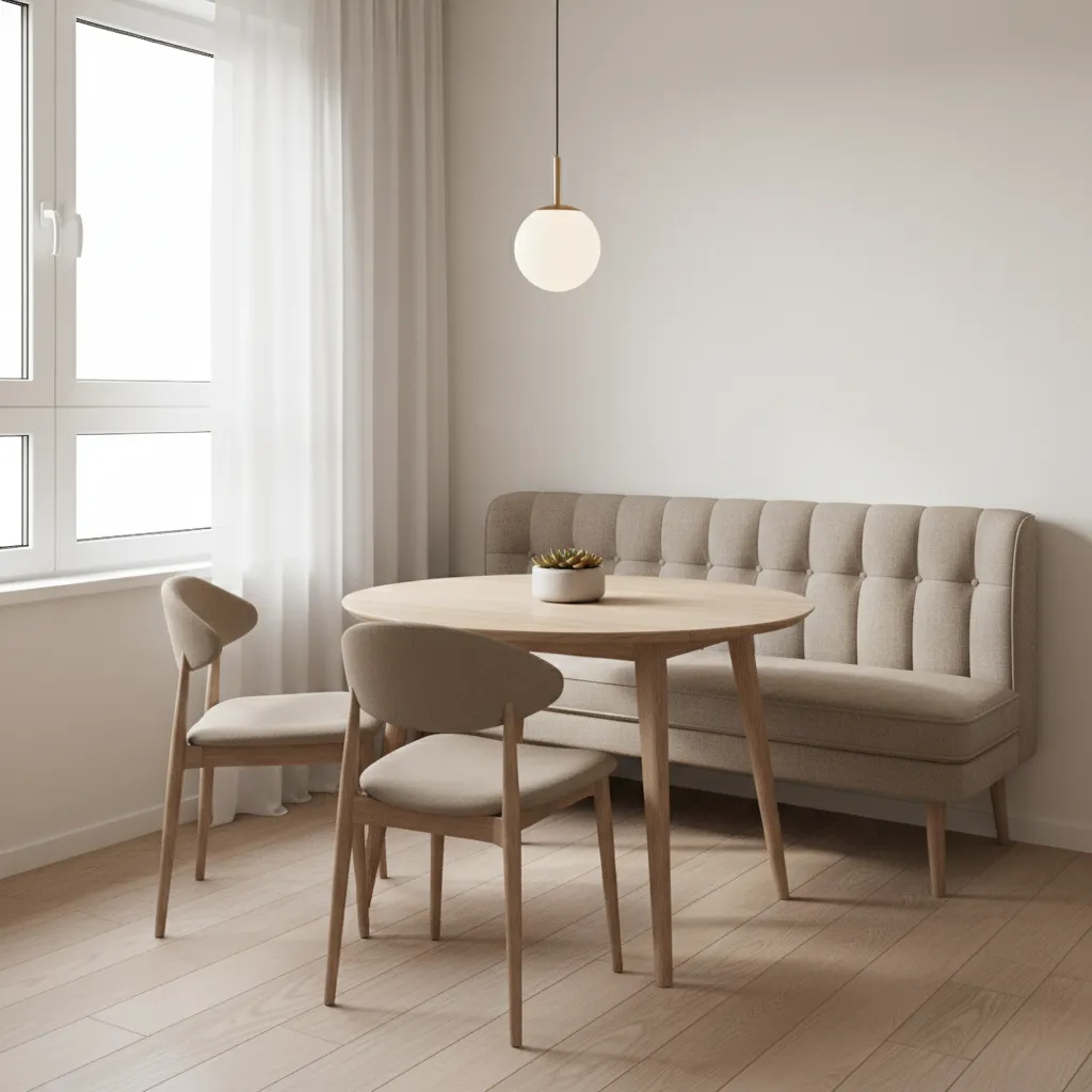 small apartment dining nook with upholstered banquette sofa seating