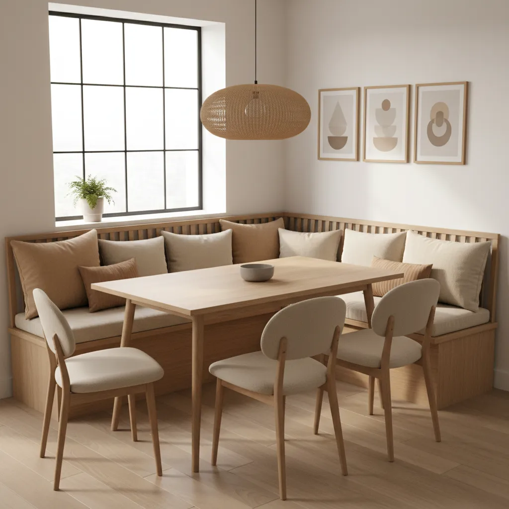 small dining area with wall bench seating and compact table
