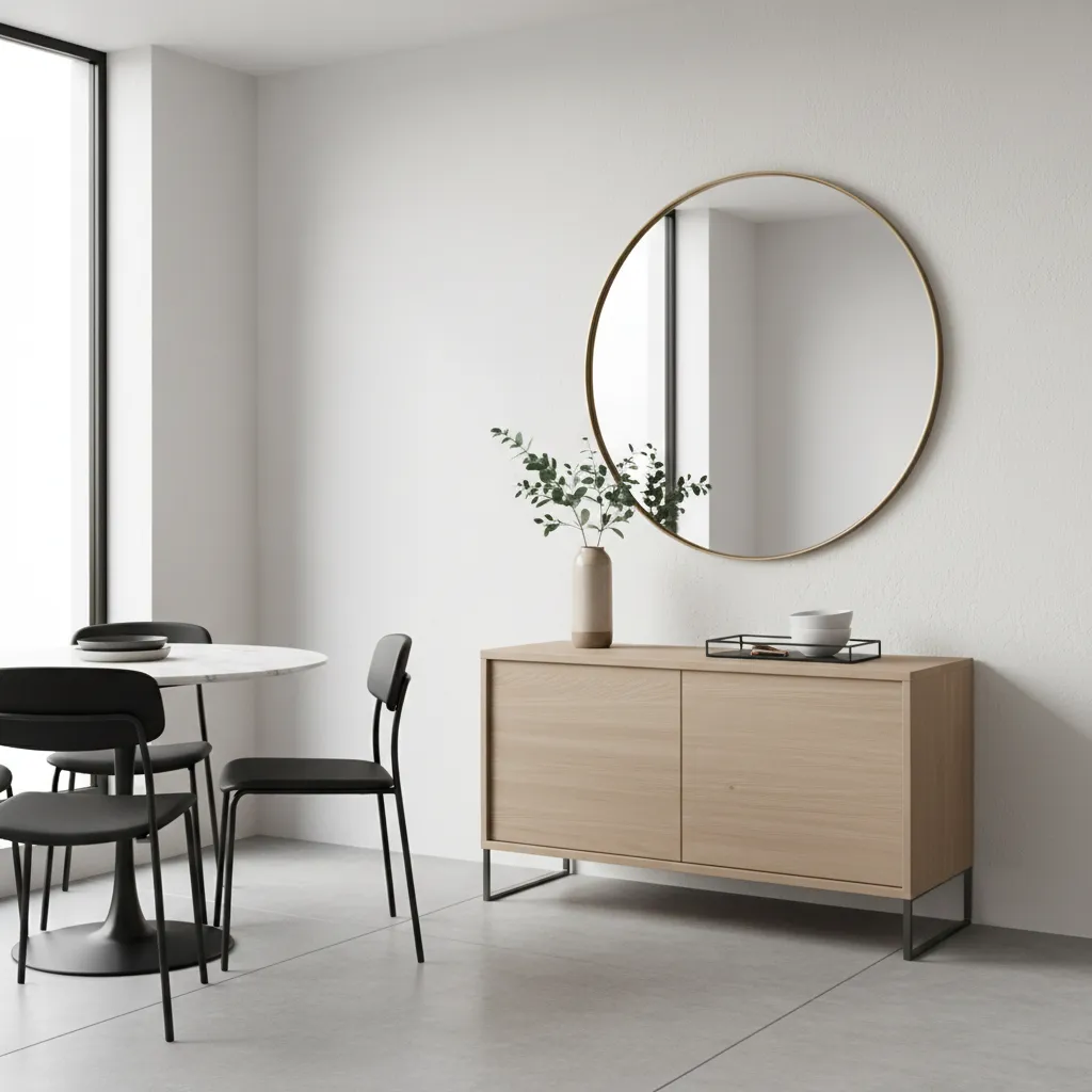 small dining room buffet with mirror and minimal decor