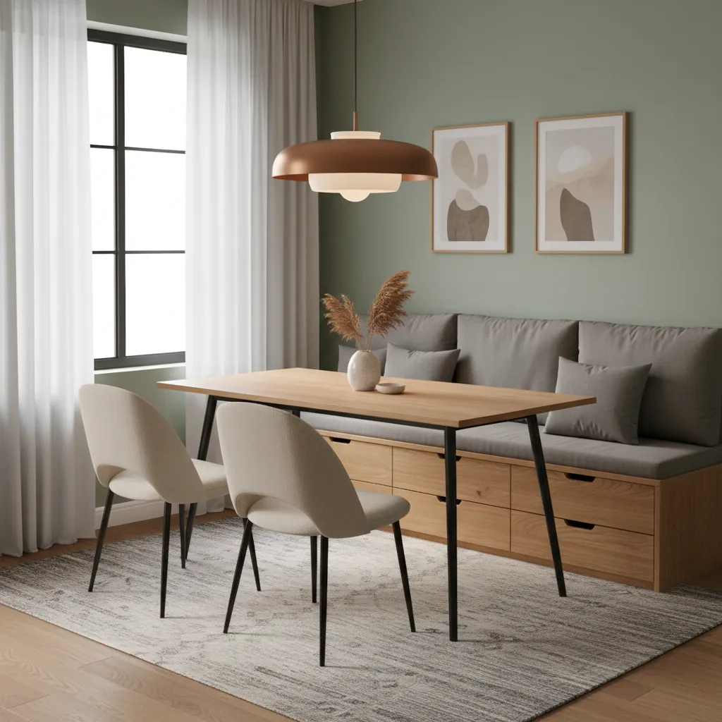 Small dining room with built in bench seating and hidden storage