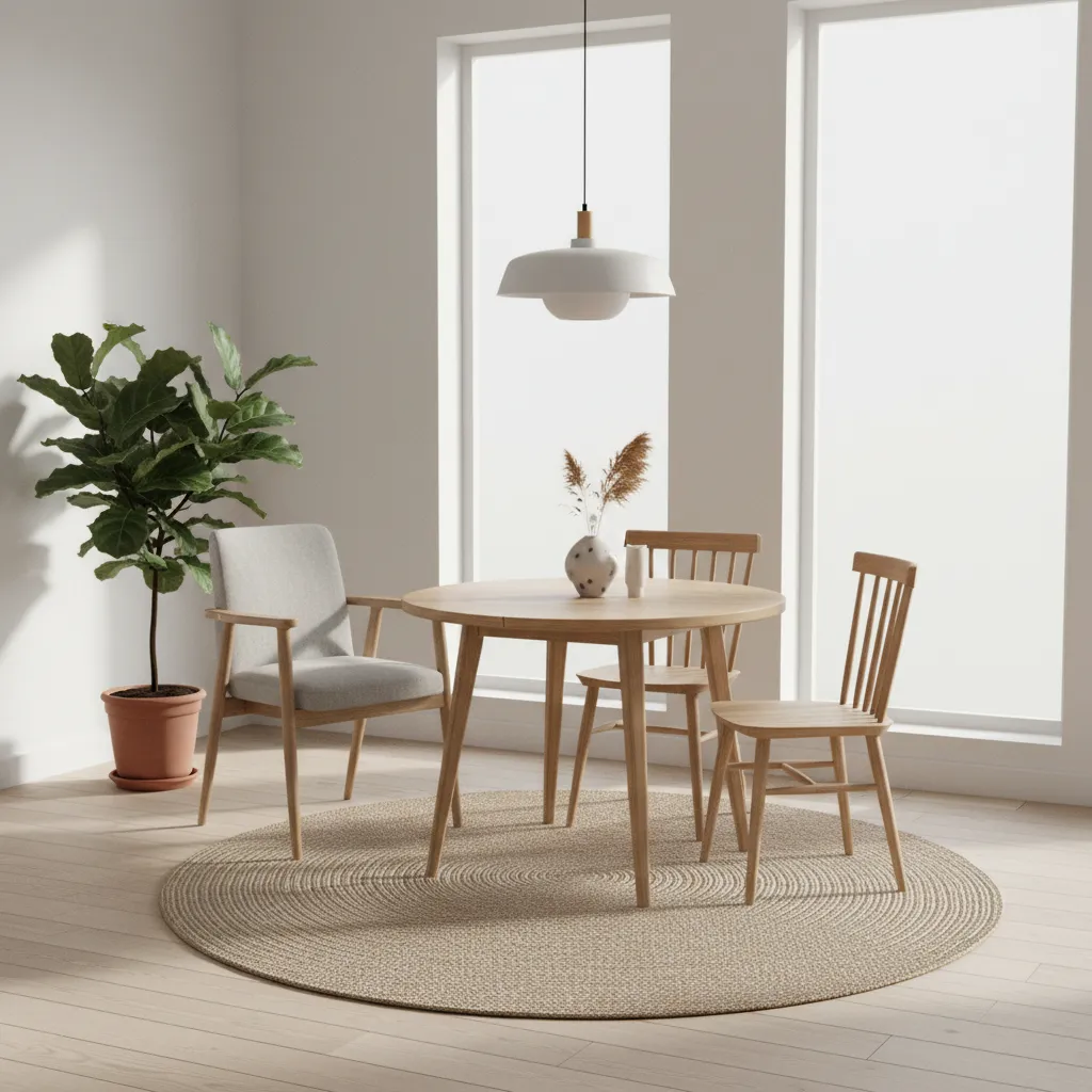 Small dining room using one captain chair and side chairs to maintain space