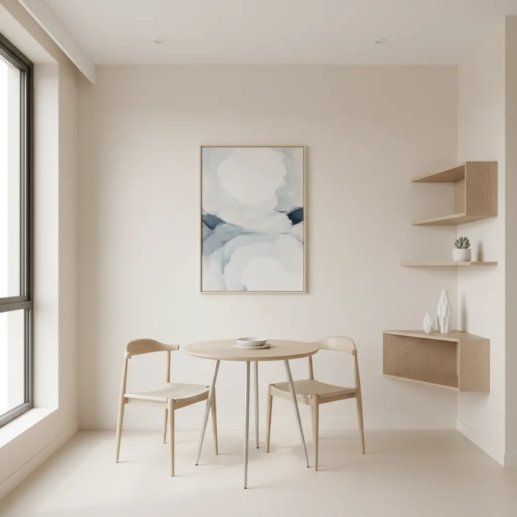Small dining room using corner shelves to save space