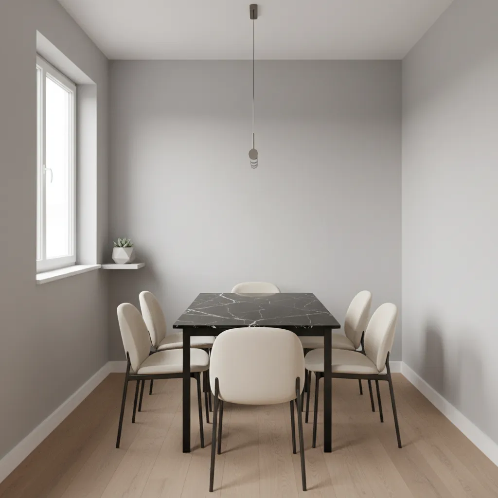 Small dining room optimized with granite table and fewer chairs