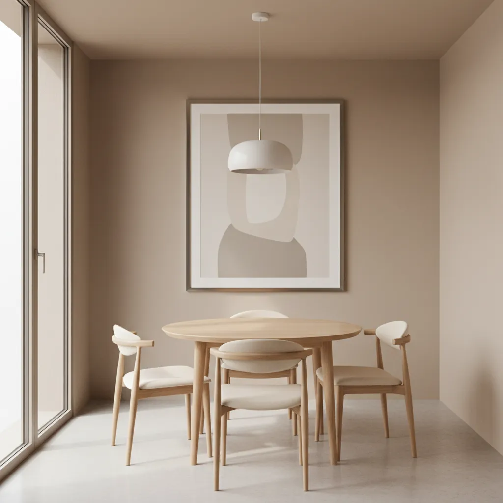 Small dining room with a large framed artwork above the table