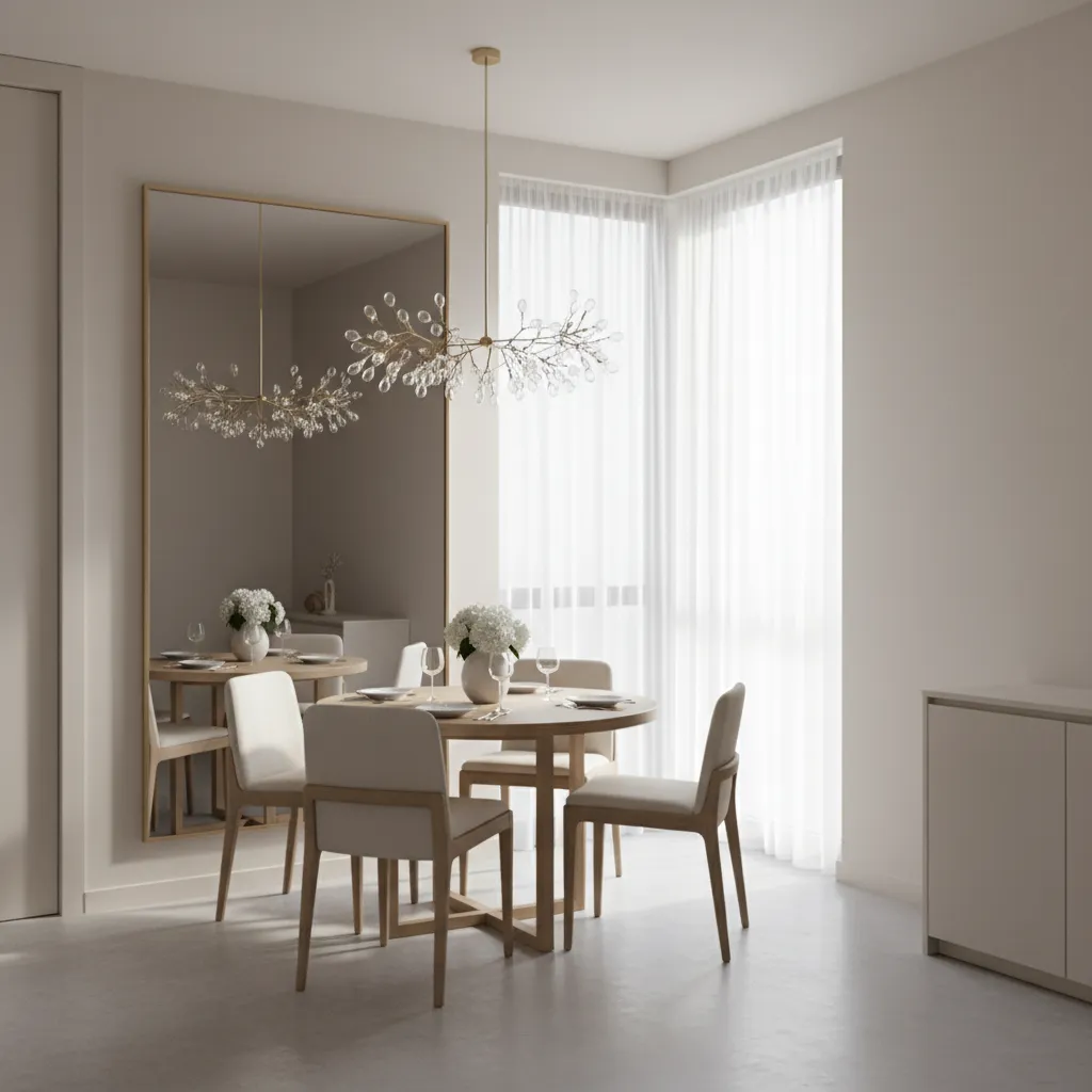 small dining room with oversized wall mirror making space appear larger