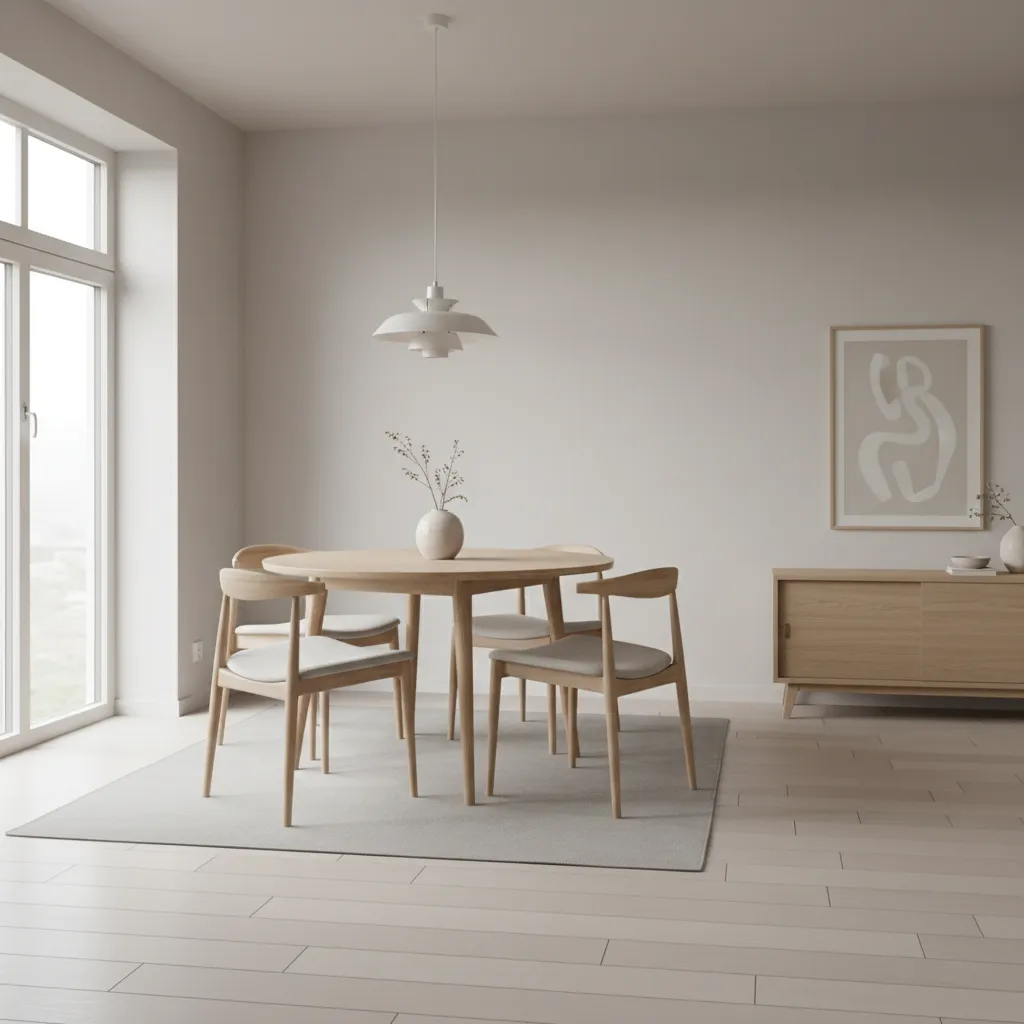 compact dining room layout with round table and clear walking space