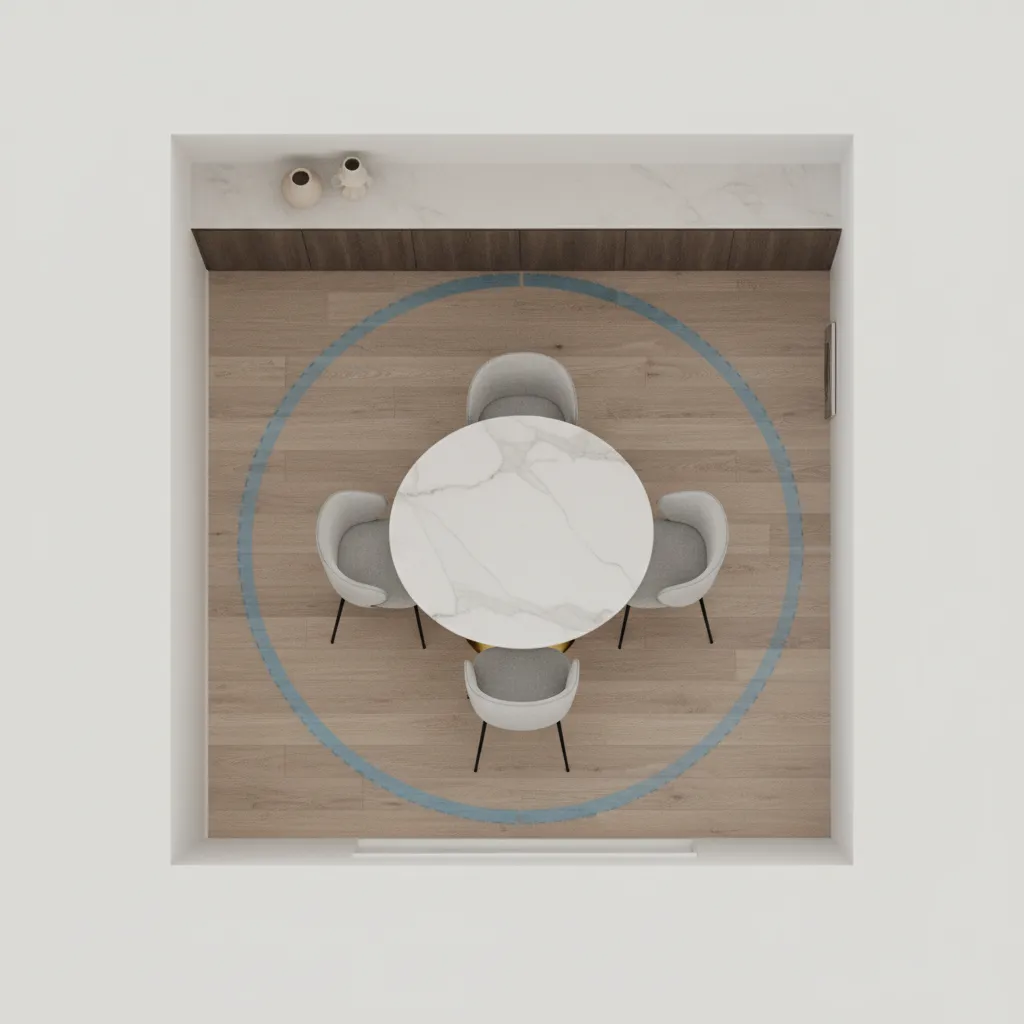 3D layout visualization of a small dining area floor plan