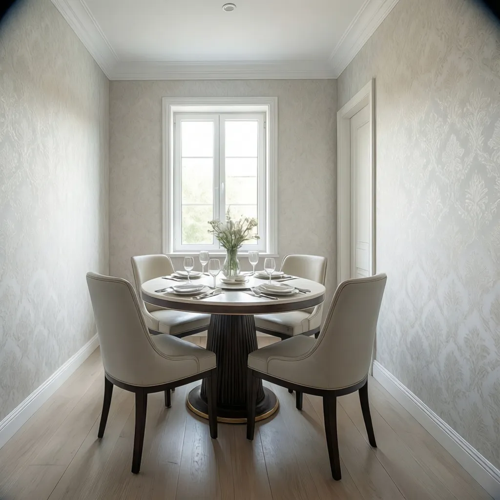 Small dining room with four chairs, round table, light patterned wallpaper, and a bright window