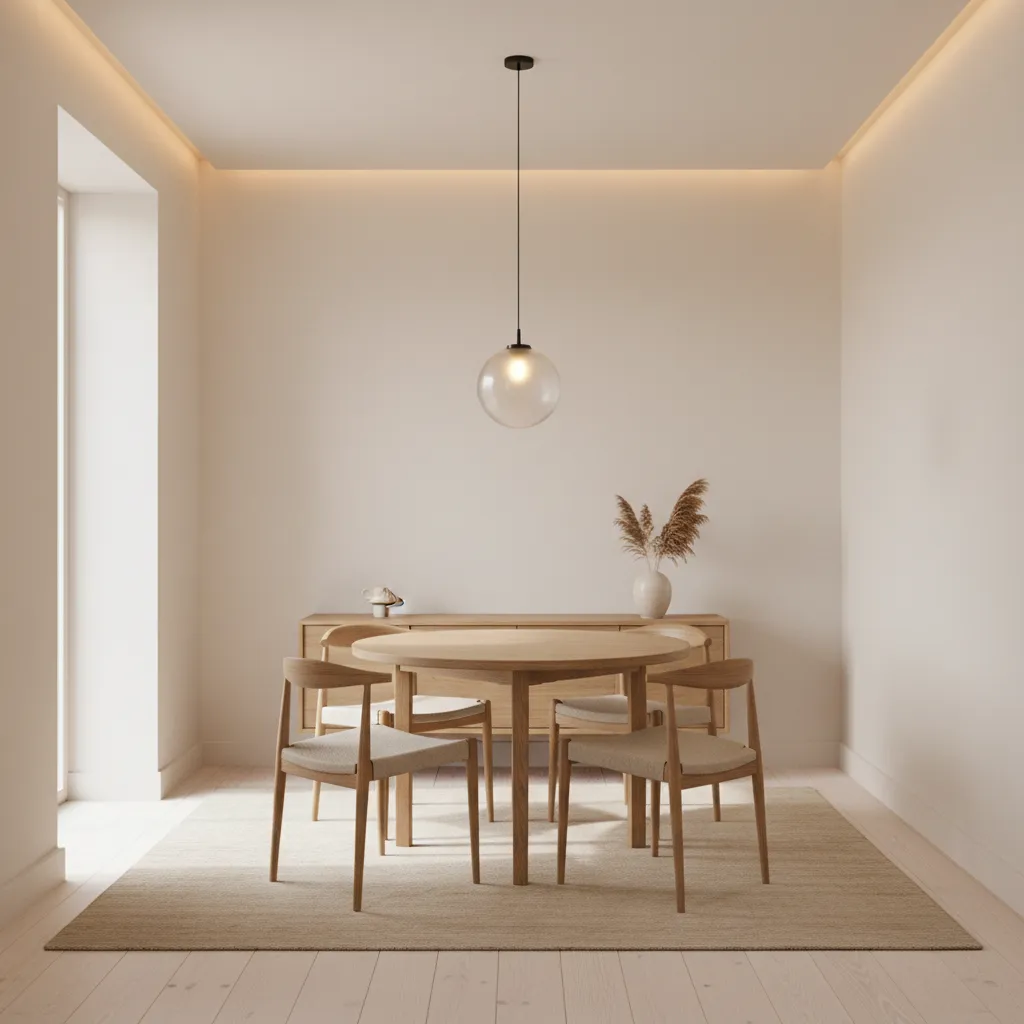 small dining room with pendant lighting and light color palette