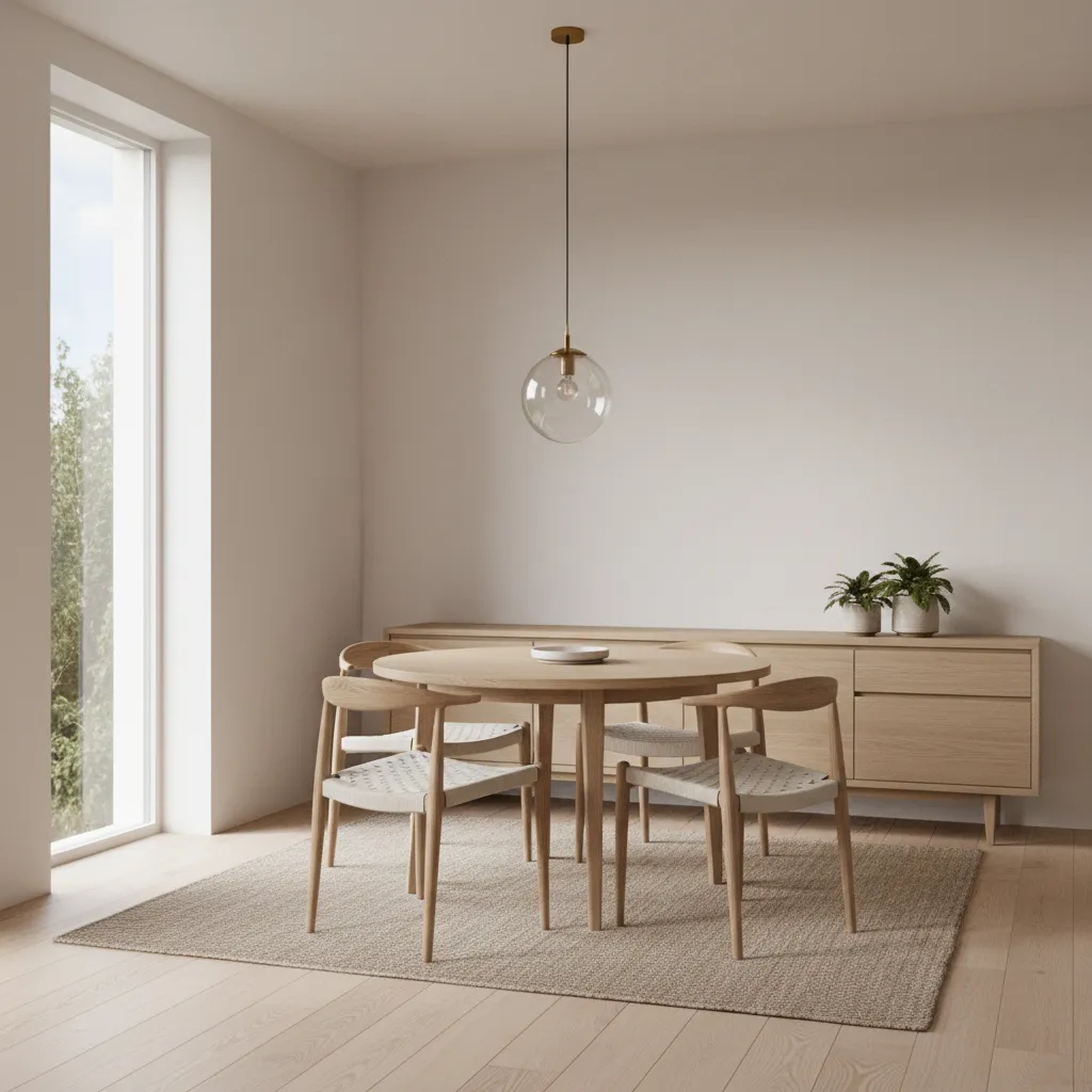 Small modern dining room with pendant lighting and light colors