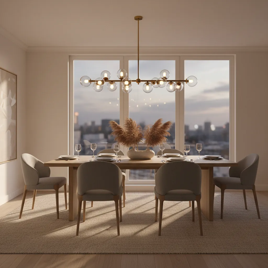 Chandelier lighting centered above dining table in medium sized dining room