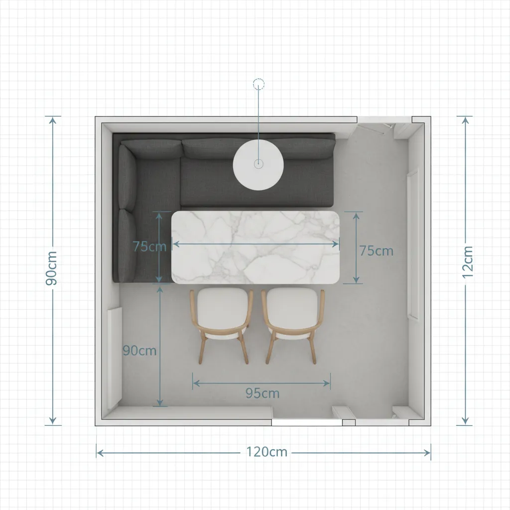 small dining room layout showing measurement clearances around dining sofa