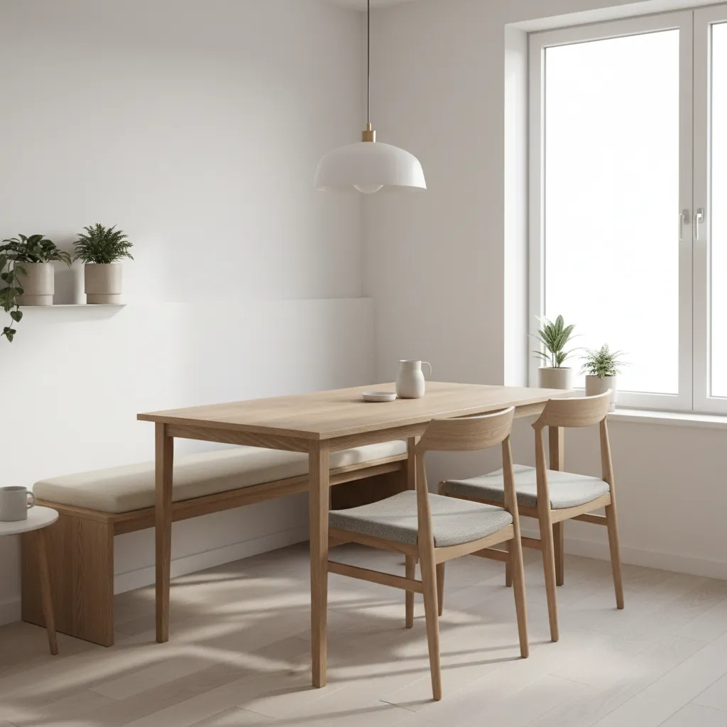 Narrow dining table placed along a wall in a compact apartment dining space