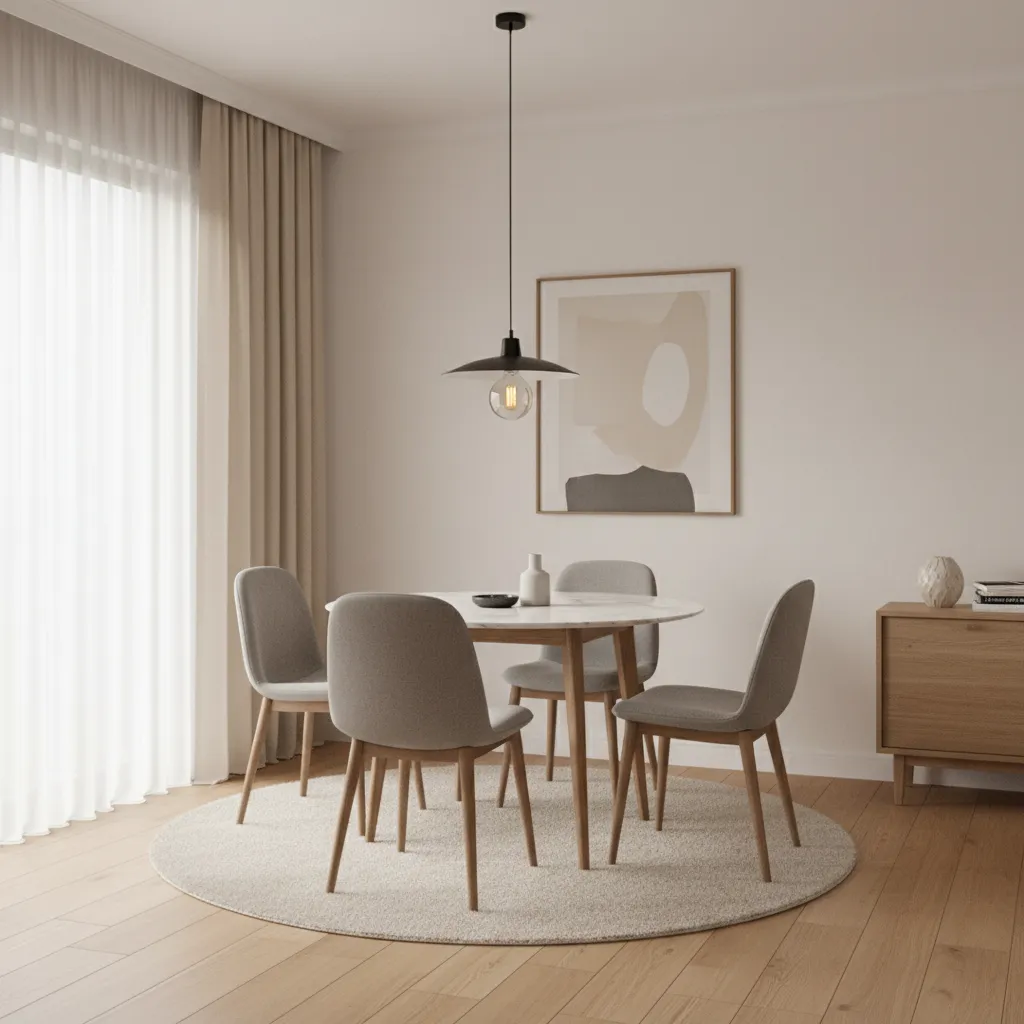 Small dining room with pendant light centered above dining table