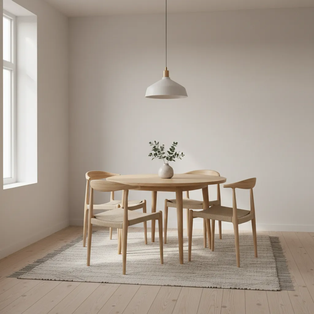 Compact dining room showing balanced spacing around a round table