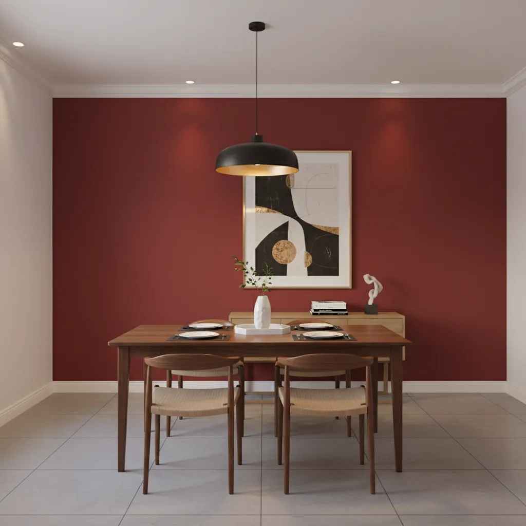 small dining room with bold red painted walls and wood dining table